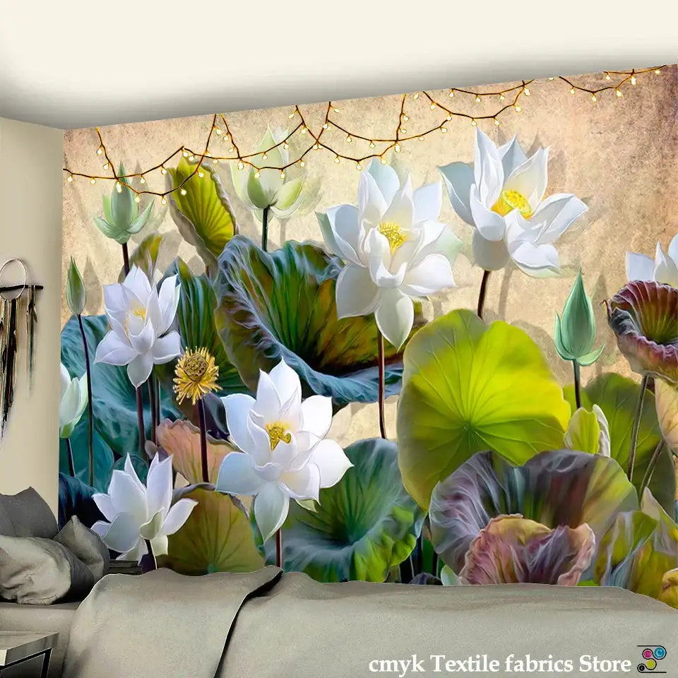 Silver indian scenery lotus leaf tapestry bedroom wall hanging
