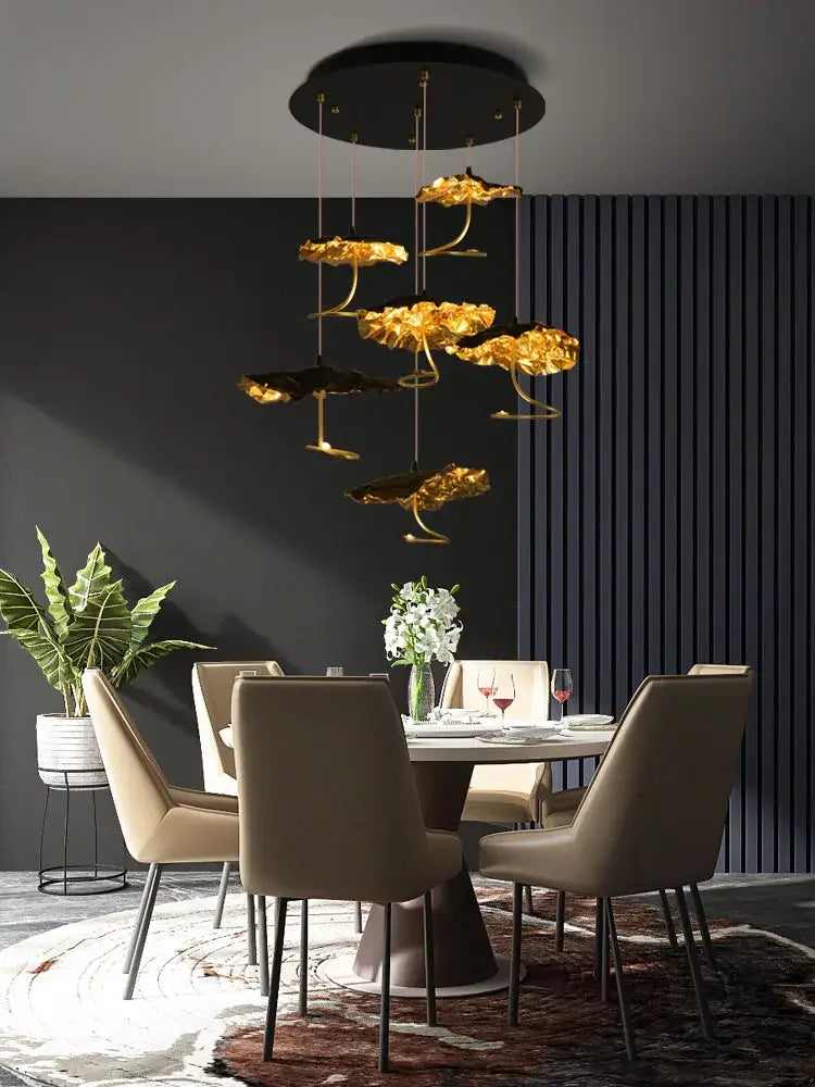 lotus staircase gold & black flower chandelier stairwell light