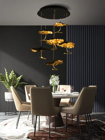 lotus staircase gold & black flower chandelier stairwell light