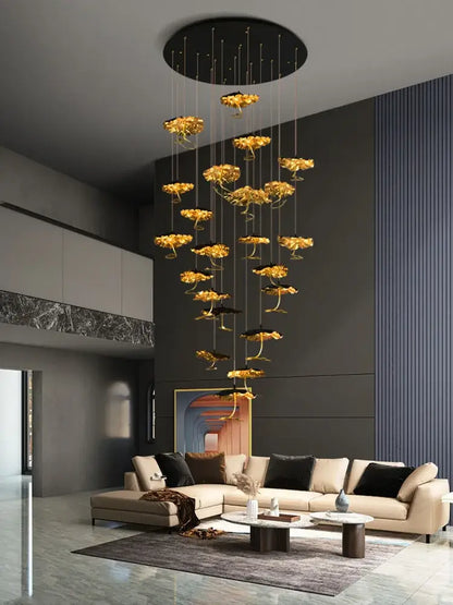 lotus staircase gold & black flower chandelier stairwell light