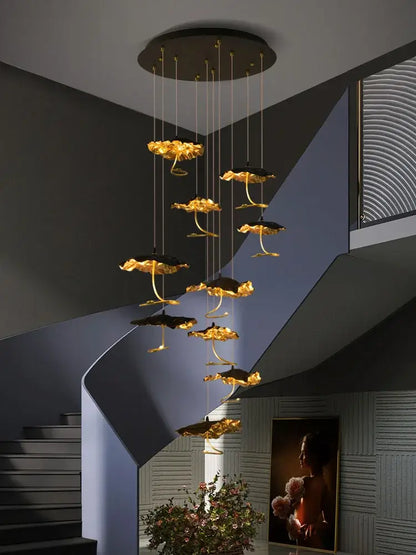lotus staircase gold & black flower chandelier stairwell light
