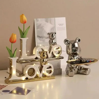 Modern silver metallic love bear 3d ceramic figurine living room decor