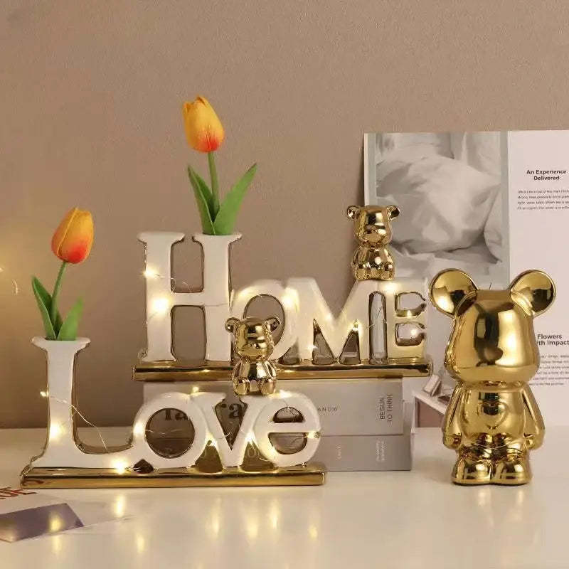 Modern silver metallic love bear 3d ceramic figurine living room decor