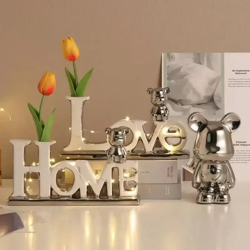 Modern silver metallic love bear 3d ceramic figurine living room decor