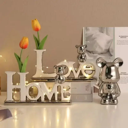 Modern silver metallic love bear 3d ceramic figurine living room decor
