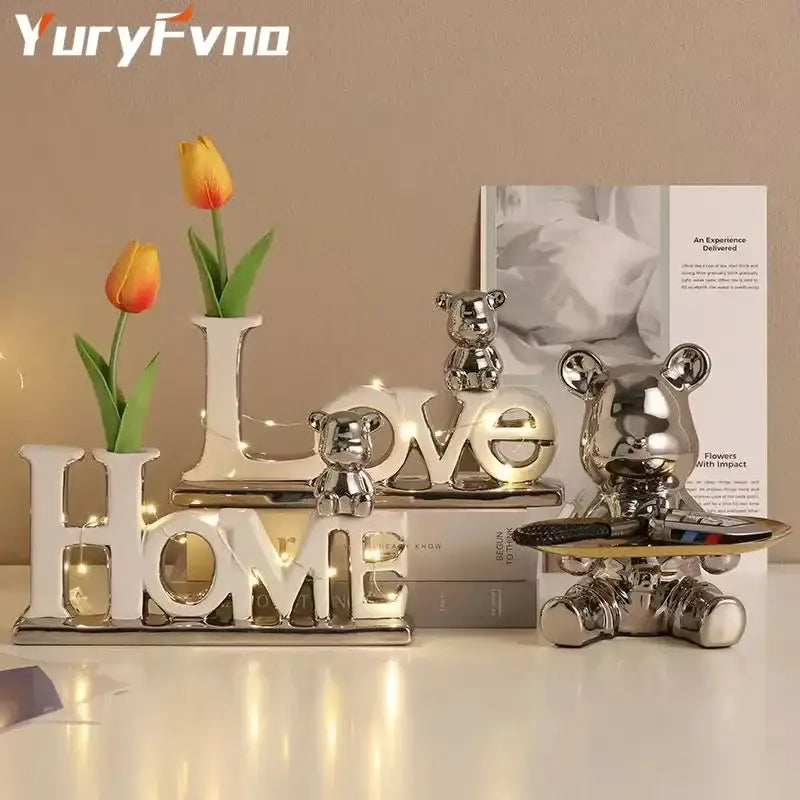 Modern silver metallic love bear 3d ceramic figurine living room decor