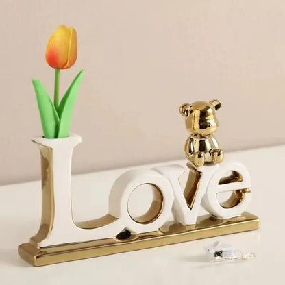 Modern silver metallic love bear 3d ceramic figurine living room decor