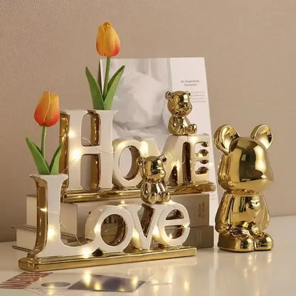 Modern silver metallic love bear 3d ceramic figurine living room decor