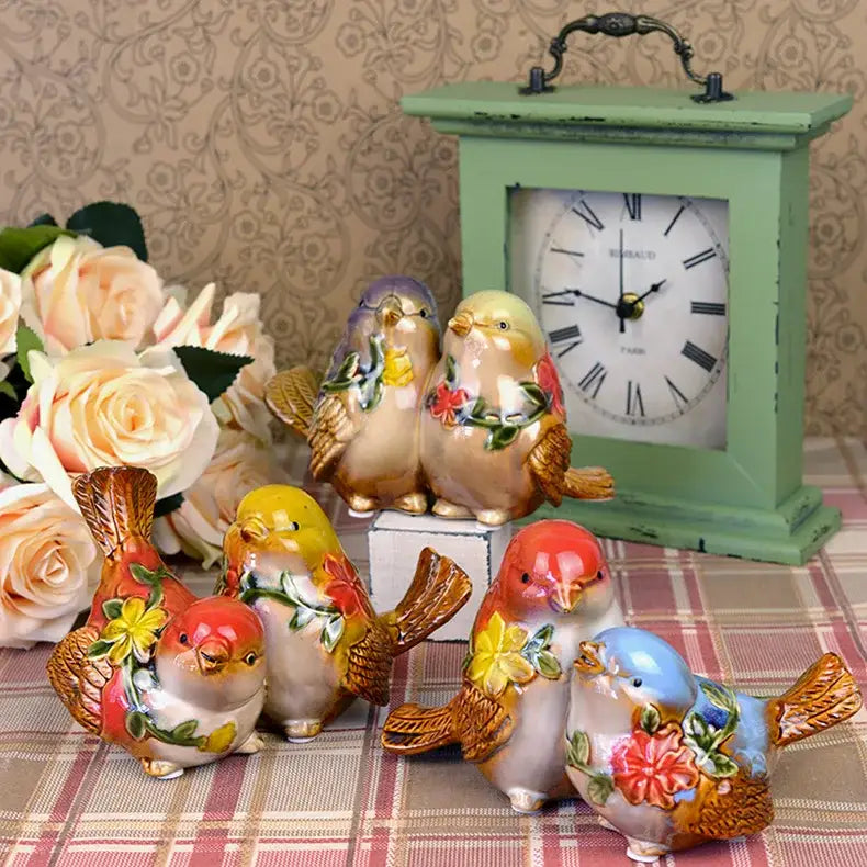 Floral painted love birds porcelain couple ornament living room decor