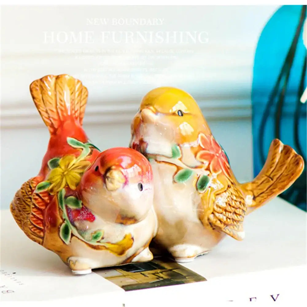 Floral painted love birds porcelain couple ornament living room decor
