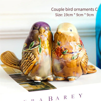 Floral painted love birds porcelain couple ornament living room decor