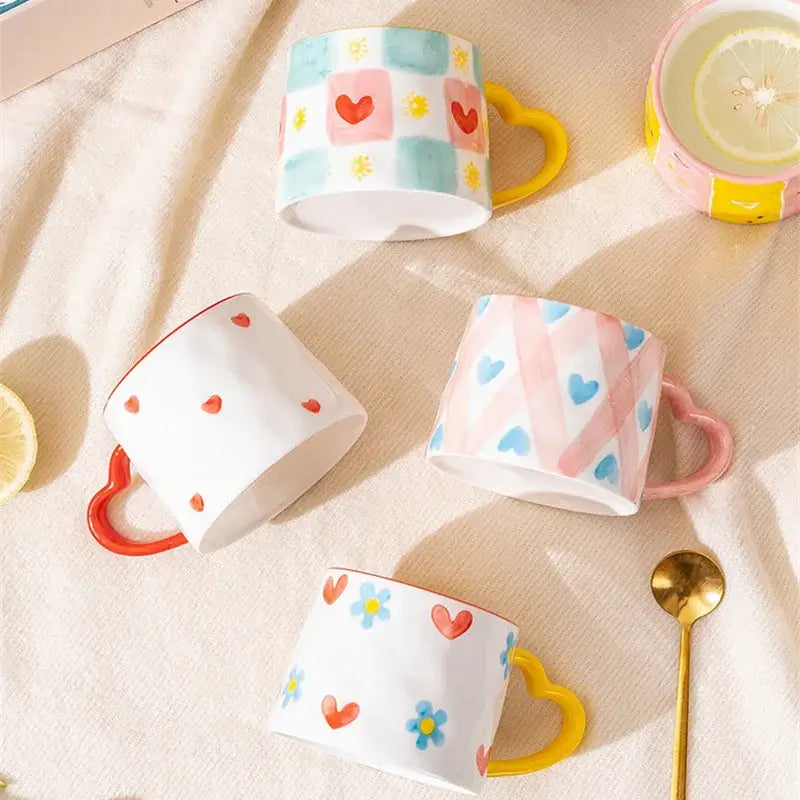 Hand painted pastel love heart ceramic mug kitchen coffee cup