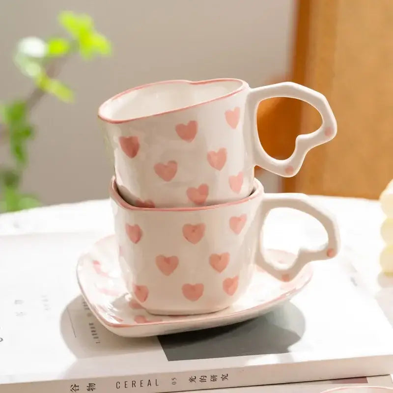 Hand painted pink and white love heart mug with saucer kitchen cup