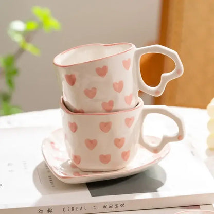 Hand painted pink and white love heart mug with saucer kitchen cup