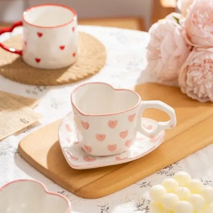Hand painted pink and white love heart mug with saucer kitchen cup