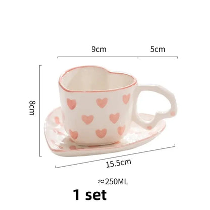 Hand painted pink and white love heart mug with saucer kitchen cup