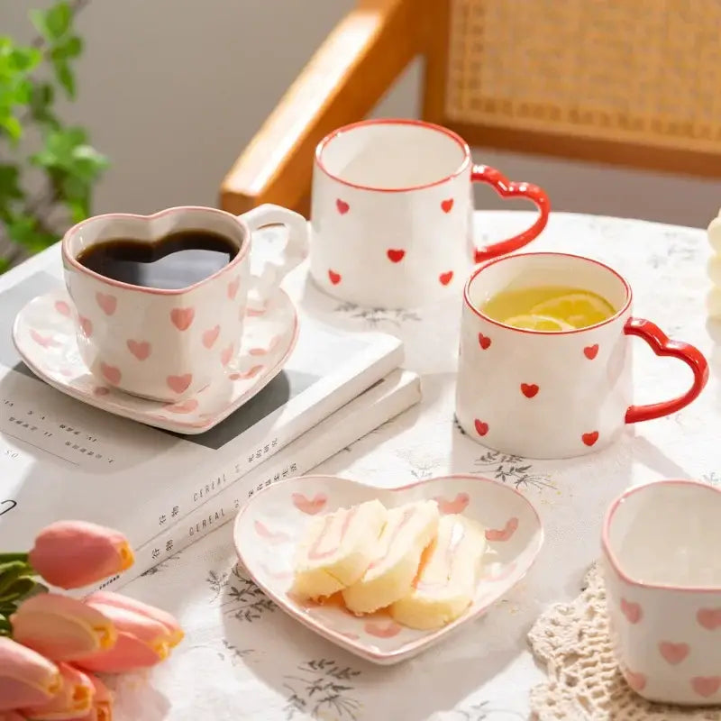 Hand painted pink and white love heart mug with saucer kitchen cup