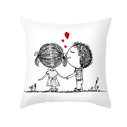 Love heart sketch white & red pillow cover bedroom decor