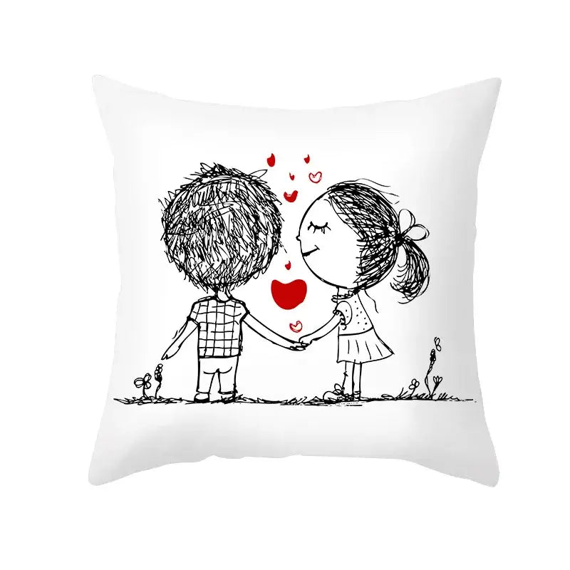 Love heart sketch white & red pillow cover bedroom decor