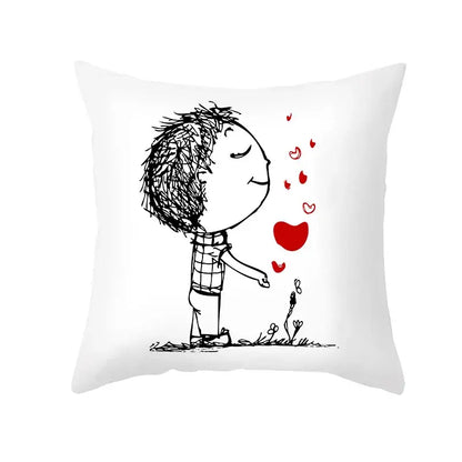 Love heart sketch white & red pillow cover bedroom decor