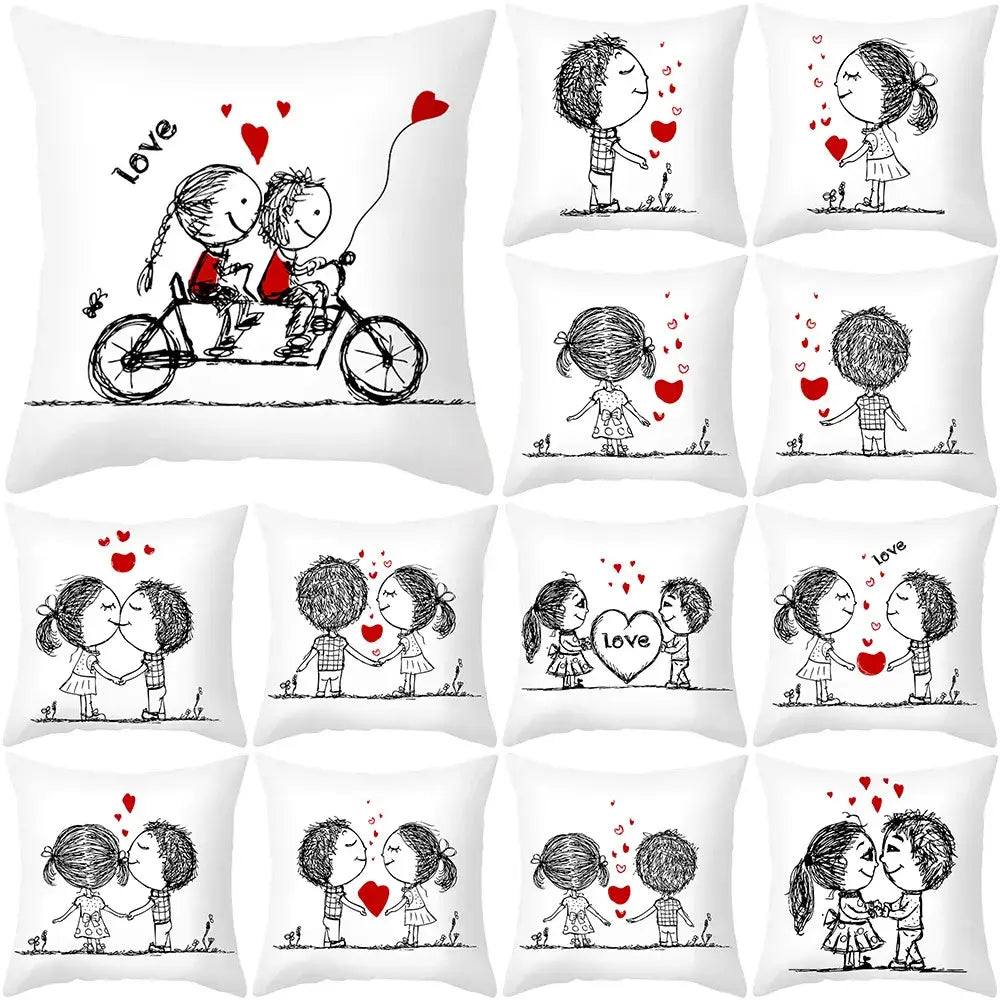 Love heart sketch white & red pillow cover bedroom decor