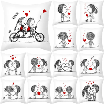 Love heart sketch white & red pillow cover bedroom decor