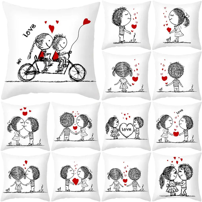 Love heart sketch white & red pillow cover bedroom decor
