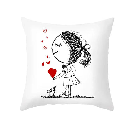 Love heart sketch white & red pillow cover bedroom decor