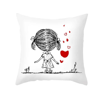 Love heart sketch white & red pillow cover bedroom decor