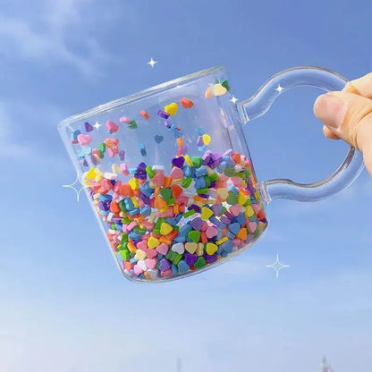 Kawaii pink heart quicksand glass cup kitchen love quicksand double