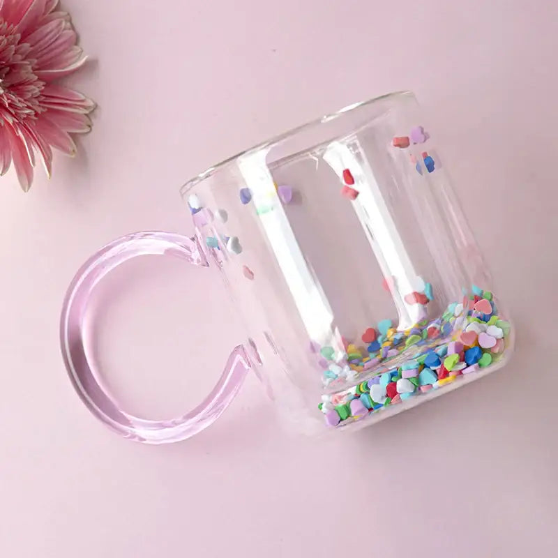 Kawaii pink heart quicksand glass cup kitchen love quicksand double