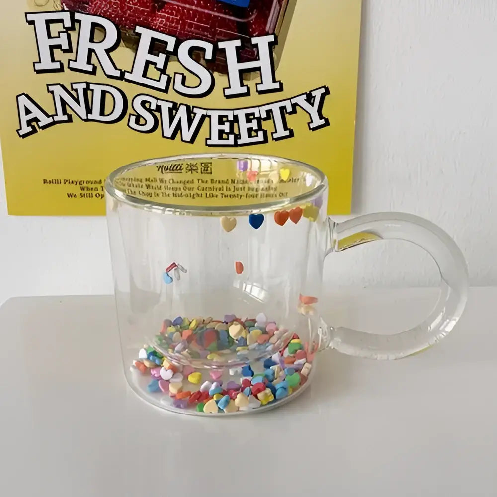 Kawaii pink heart quicksand glass cup kitchen love quicksand double
