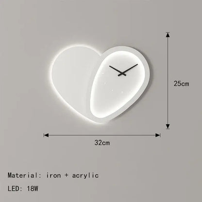 Modern white heart shaped clock wall lamp bedroom led lighting
