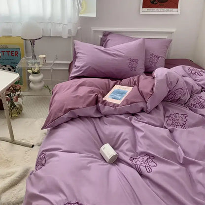 Lovely bear and sheep embroidered bedding set bedroom cream plush duvet