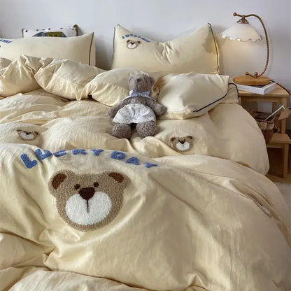 Lovely bear and sheep embroidered bedding set bedroom cream plush duvet