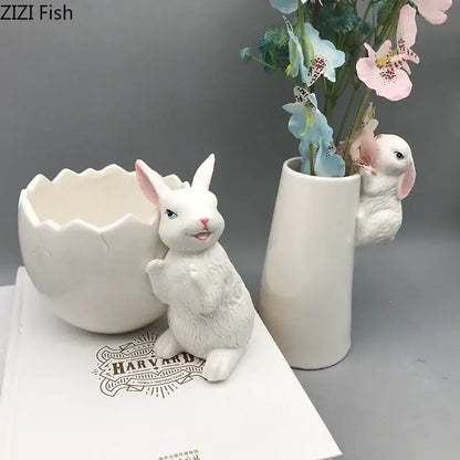 White rabbit ceramic vase with bunny figurine bedroom table decor