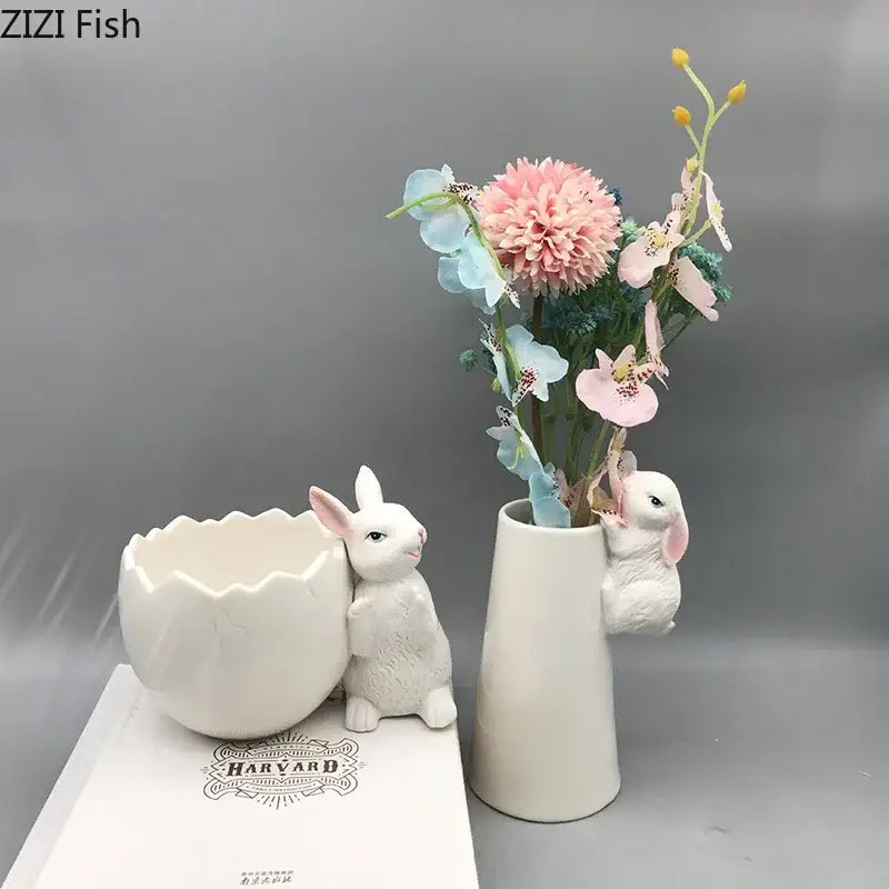 White rabbit ceramic vase with bunny figurine bedroom table decor