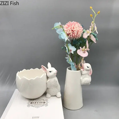 White rabbit ceramic vase with bunny figurine bedroom table decor