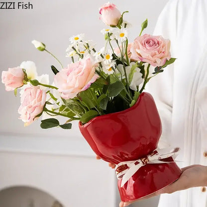 Lovely white ribbon ceramic vase set for bedroom aesthetic decor