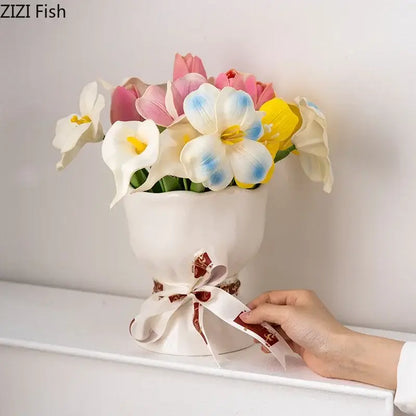 Lovely white ribbon ceramic vase set for bedroom aesthetic decor