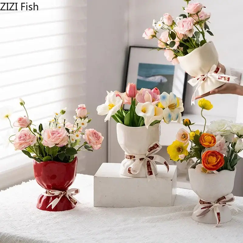 Lovely white ribbon ceramic vase set for bedroom aesthetic decor