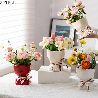 Lovely white ribbon ceramic vase set for bedroom aesthetic decor