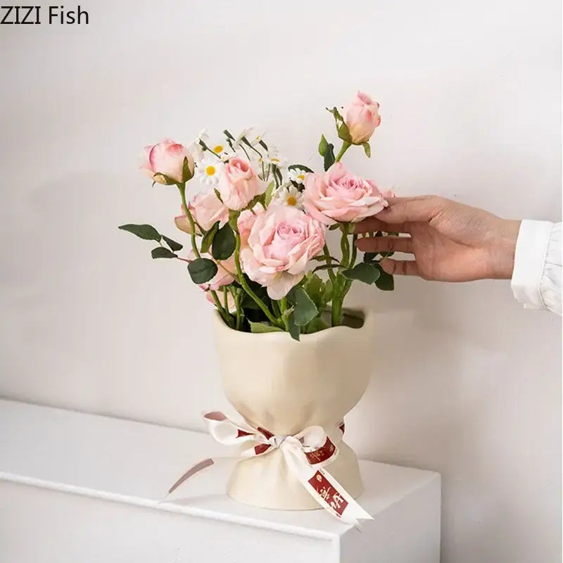 Lovely white ribbon ceramic vase set for bedroom aesthetic decor