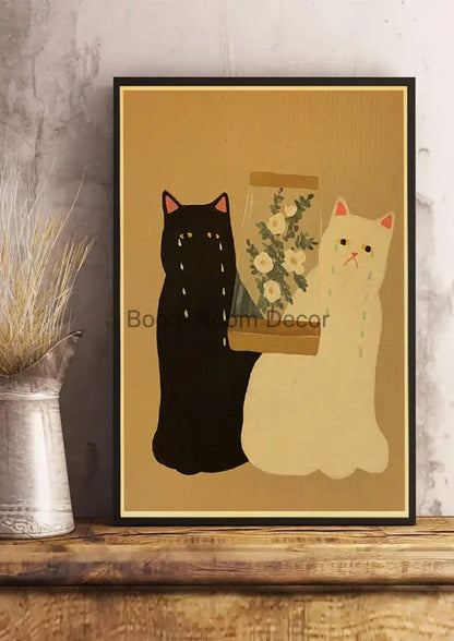 Whimsical black and white cat paper poster set for bedroom decor