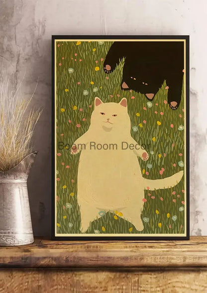 Whimsical black and white cat paper poster set for bedroom decor