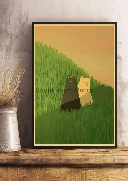 Whimsical black and white cat paper poster set for bedroom decor