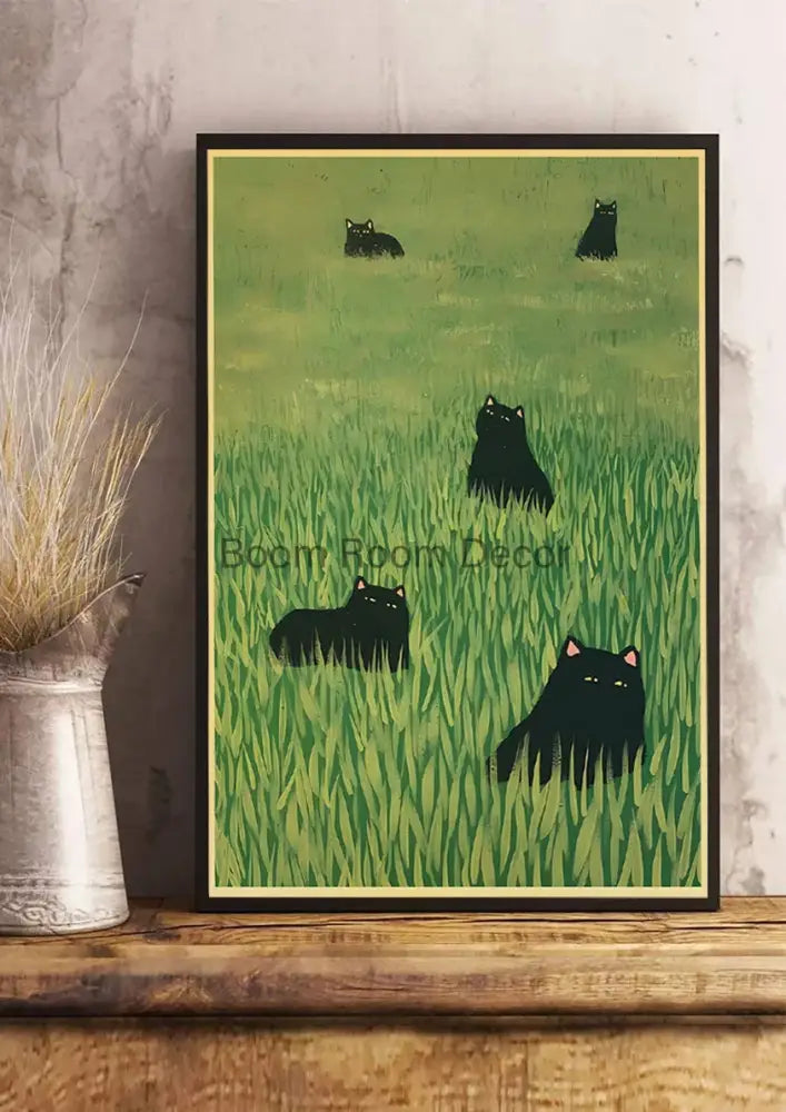 Whimsical black and white cat paper poster set for bedroom decor