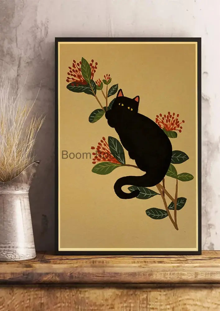 Whimsical black and white cat paper poster set for bedroom decor