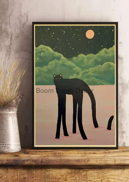 Whimsical black and white cat paper poster set for bedroom decor