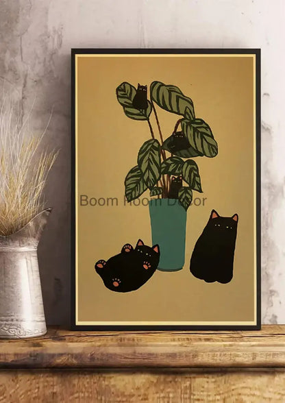 Whimsical black and white cat paper poster set for bedroom decor